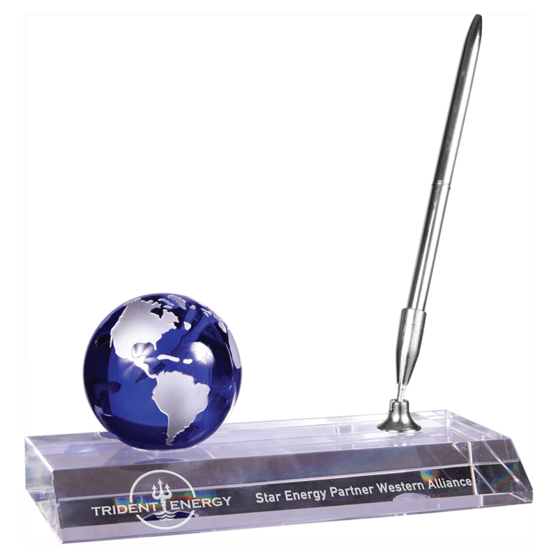 Blue Crystal Globe with Base and Pen