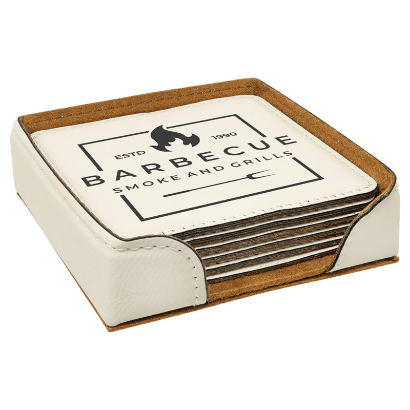 White Square Leatherette Coaster Set