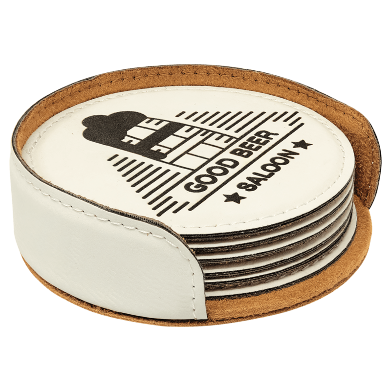 White Round Leatherette Coaster Set