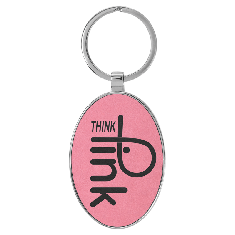 Pink Leatherette Oval Metal Frame Keychain