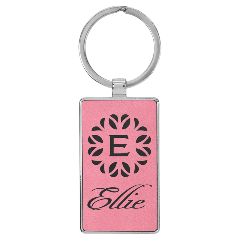 Pink Leatherette Rectangle Metal Frame Keychain