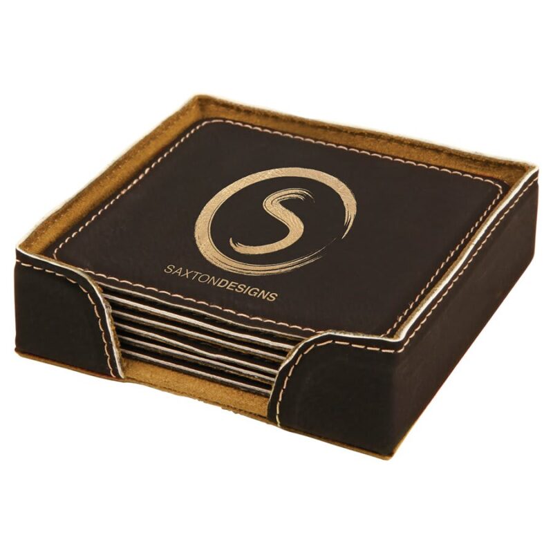 Black/Gold Square Leatherette Coaster Set