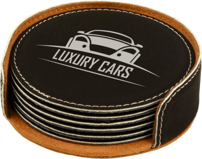 Black/Silver Lasered Leatherette Round Coaster Set