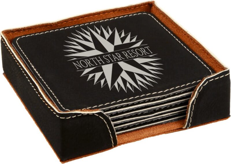 Black/Silver Square Leatherette Coaster Set