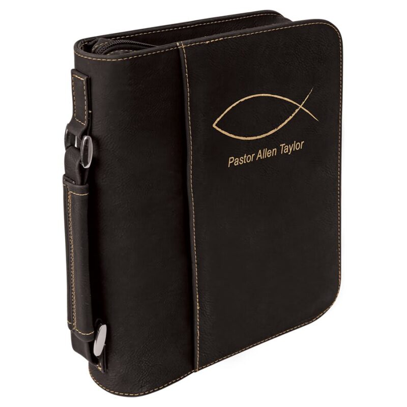 Black/Gold Leatherette 7 1/2" x 10 3/4" Book/Bible Cover with Handle and Zipper