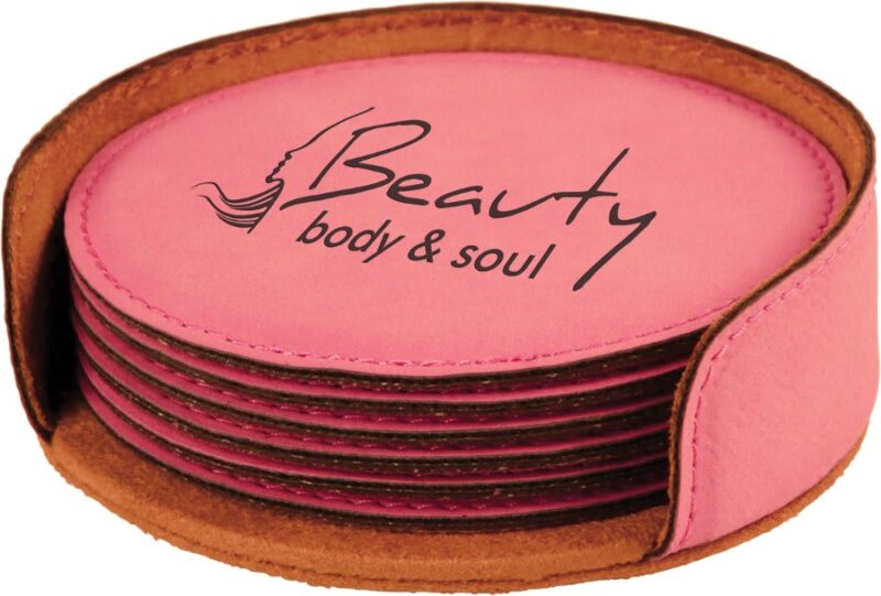 Pink Round Leatherette Coaster Set