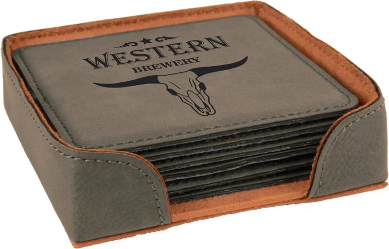 Gray Square Leatherette Coaster Set