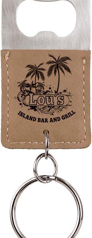 Light Brown Leatherette Rectangle Bottle Opener with Keychain