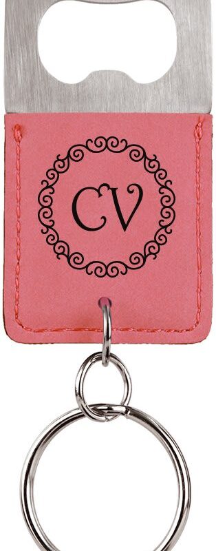 Pink Leatherette Rectangle Bottle Opener with Keychain