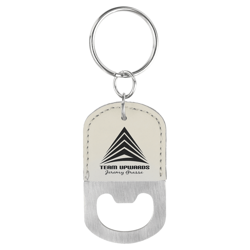 White Leatherette Oval Bottle Opener with Keychain