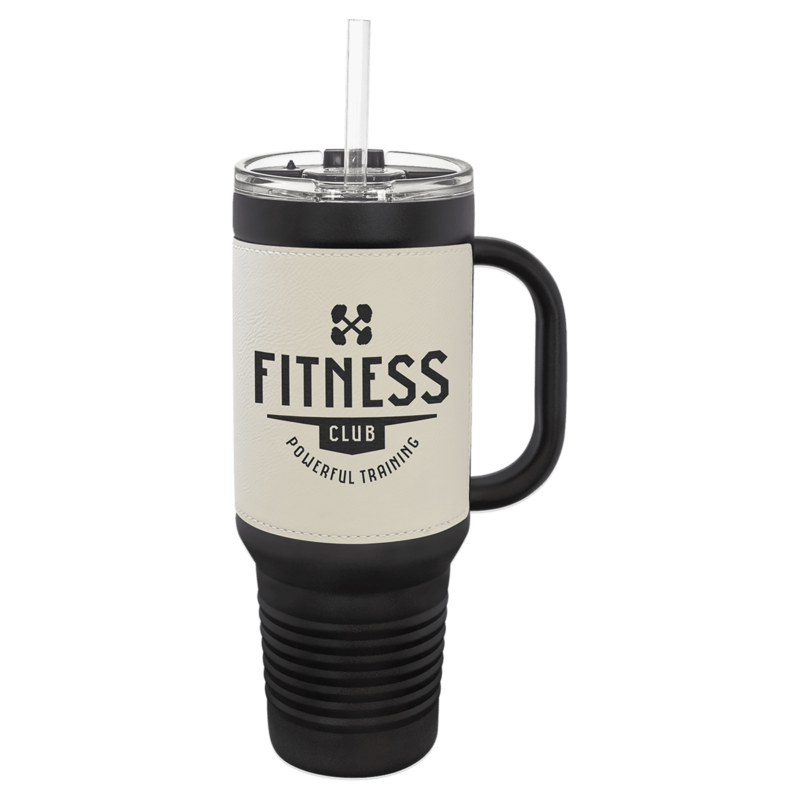 Polar Camel Black with White Leatherette 40 oz. Travel Mug with Straw